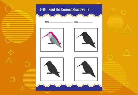 Find the correct shadow. Education developing worksheet. Matching game for .. Stock Illustration