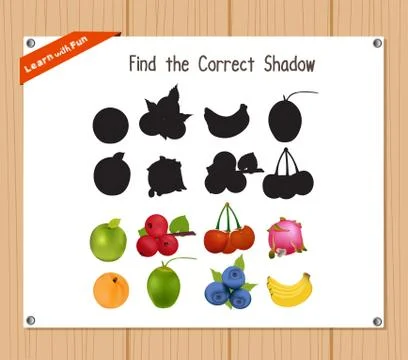 Find the correct shadow, education game for children - Fruits Stock Illustration