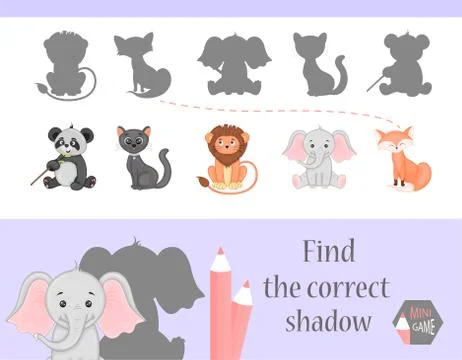Find the correct shadow, education game for children. Cute Cartoon animals and Stock Illustration