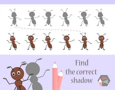 Find the correct shadow, education game for children. Cute Cartoon animals and Stock Illustration