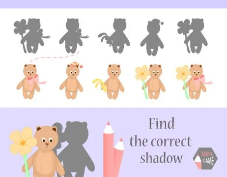 Find the correct shadow, education game for children. Cute Cartoon animals and Stock Illustration