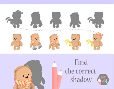 Find the correct shadow, education game for children. Cute Cartoon animals and Stock Illustration