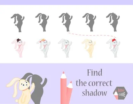 Find the correct shadow, education game for children. Cute Cartoon animals and Stock Illustration