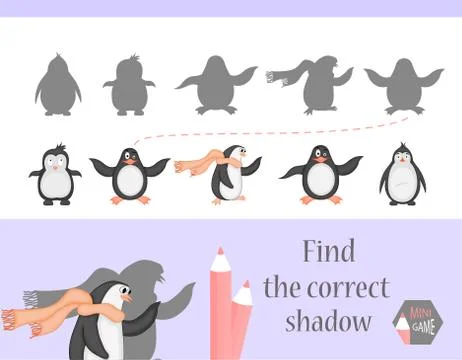 Find the correct shadow, education game for children. Cute Cartoon animals and Stock Illustration