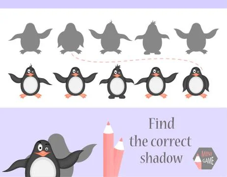 Find the correct shadow, education game for children. Cute Cartoon animals and Stock Illustration