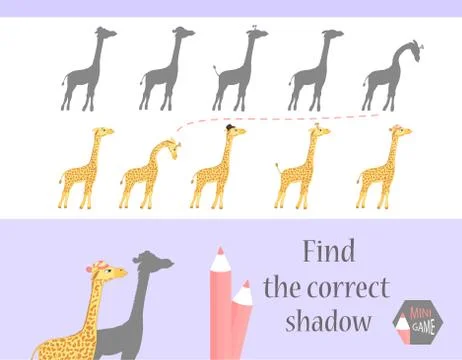 Find the correct shadow, education game for children. Cute Cartoon animals and Stock Illustration