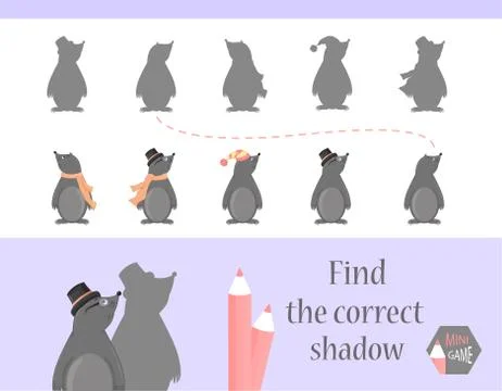 Find the correct shadow, education game for children. Cute Cartoon animals and Stock Illustration