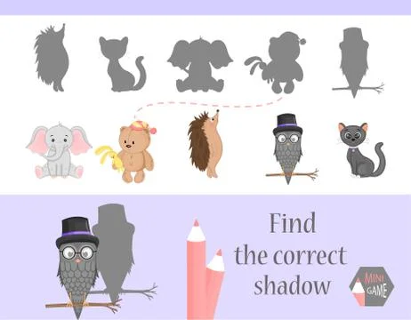 Find the correct shadow, education game for children. Cute Cartoon animals and Stock Illustration
