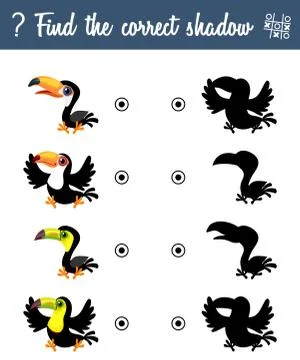 Find the correct shadow. Education game for children with cartoon toucans Stock Illustration