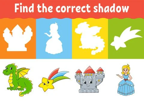 Find the correct shadow. Education worksheet. Matching game for kids. Fairyta Stock Illustration