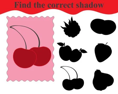 Find the correct shadow, educational game for kids. Sweet cherries. Vector il Stock Illustration