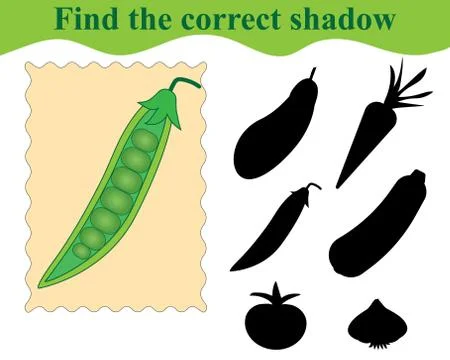 Find the correct shadow, educational game for kids. Green pea pod. Vector ill Stock Illustration