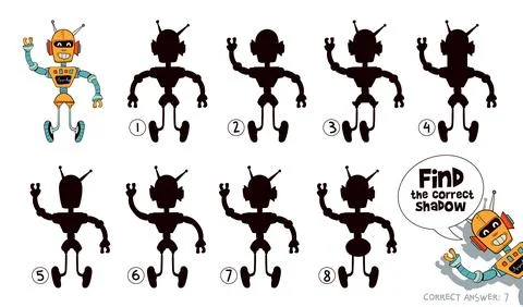 Find the correct shadow. Funny cartoon character retro robot Stock Illustration