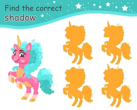 Find correct shadow funny curly mane pink unicorn vector Stock Illustration