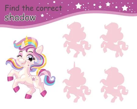 Find correct shadow funny joyful baby unicorn vector Stock Illustration