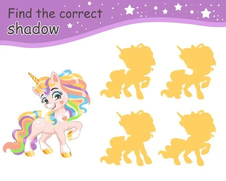 Find correct shadow funny long rainbow mane unicorn vector Illustrazione stock