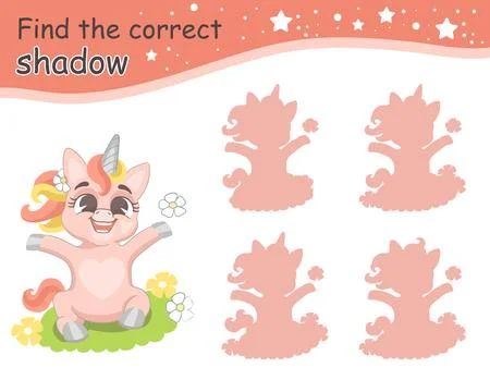 Find correct shadow funny pink baby unicorn vector Stock Illustration