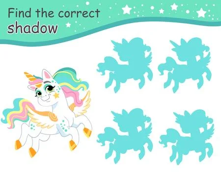 Find correct shadow funny playful unicorn vector 스톡 일러스트