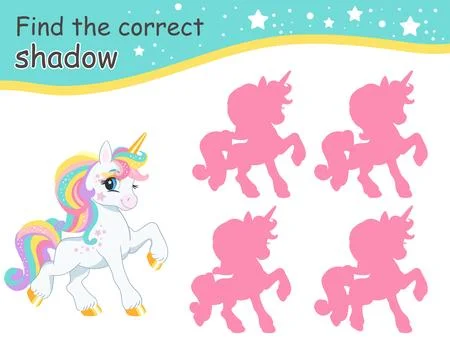 Find correct shadow funny rainbow mane white unicorn vector Stockillustratie
