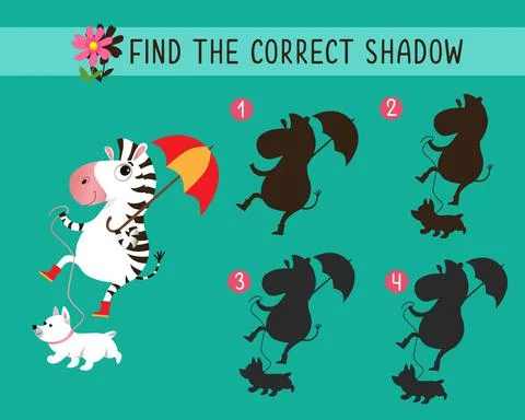 Find correct shadow. Game for children. Activity, vector illustration. Zebra cit Illustrazione stock