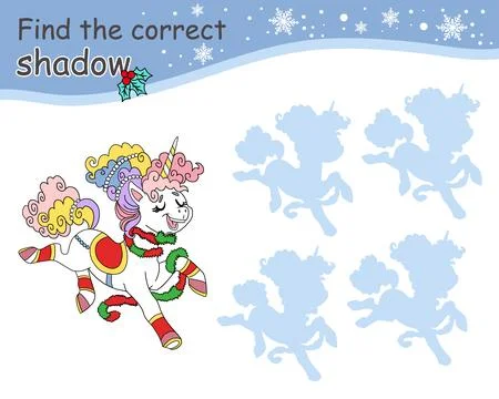 Find correct shadow game for children with Christmas cute unicorn Stock Illustration