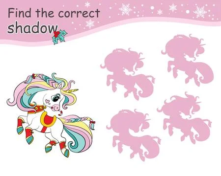 Find correct shadow game for children with cute Christmas unicorn Stock Illustration