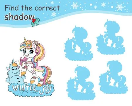 Find correct shadow game for children with unicorn and snowman Stock Illustration