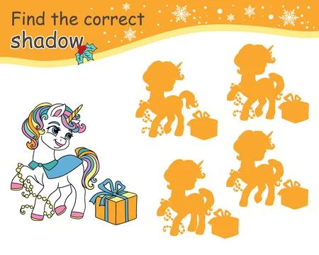 Find correct shadow game for children with unicorn and gift Stock Illustration