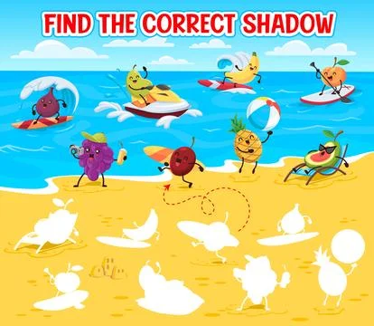 Find the correct shadow game with fruits on beach Stock Illustration