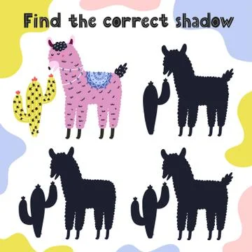 Find the correct shadow game for kids with a cute llama Stock Illustration