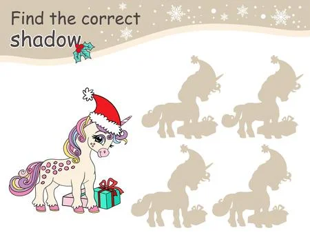 Find correct shadow game for kids with Christmas unicorn and gift Stock Illustration