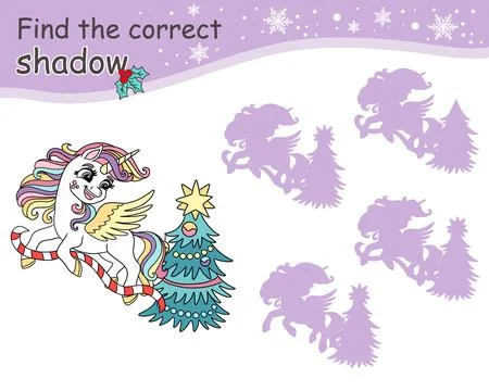 Find correct shadow game for kids with unicorn and Christmas tree Stock Illustration