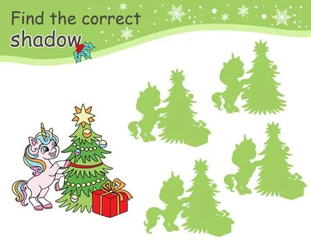 Find correct shadow game for kids unicorn and Christmas tree Stock Illustration