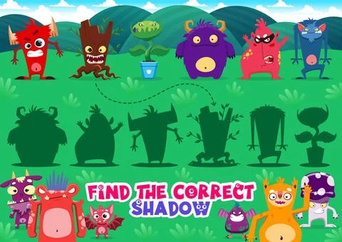 Find correct shadow game with monster characters 스톡 일러스트