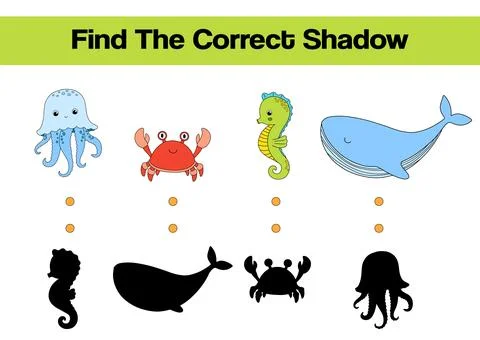Find correct shadow. Game worksheet. Sea animals Stock Illustration