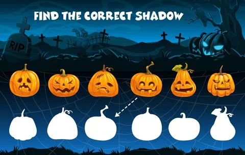 Find correct shadow of Halloween pumpkin kids game 스톡 일러스트
