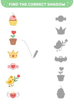 Find the correct shadow. Hearts, crown, candy, flower. Shadow matching game Stock Illustration