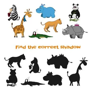 Find the correct shadow. Kids game. Zoo animals in cartoon style. Puzzle Stock Illustration