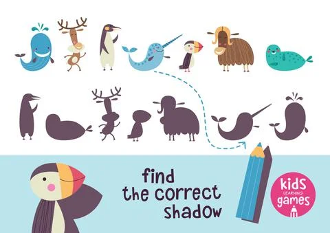 Find the correct shadow. Kids learning games collection. Arctic animals.  Stock Illustration