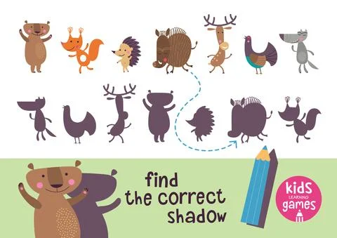 Find the correct shadow. Kids learning games collection. Forest animals. Stock Illustration