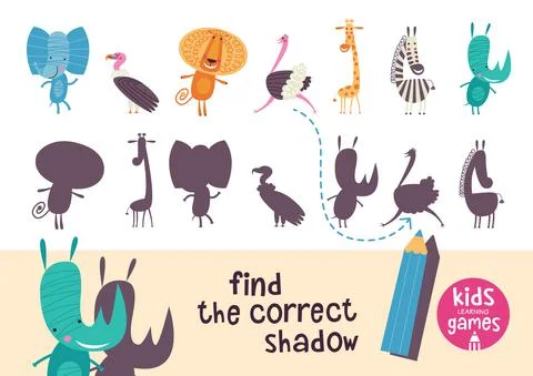 Find the correct shadow. Kids learning games collection. African animals. Stock Illustration