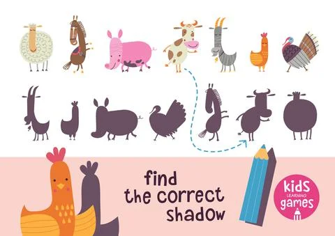 Find the correct shadow. Kids learning games collection. Farm animals. Stock Illustration