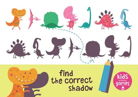 Find the correct shadow. Kids learning games collection. Cute dinosaurs. Stock Illustration