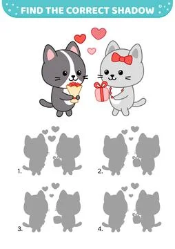 Find the correct shadow. Kittens give each other gifts. Shadow matching game Stock Illustration