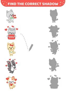 Find the correct shadow. Kittens in love on Valentines day. Shadow matching game Stock Illustration