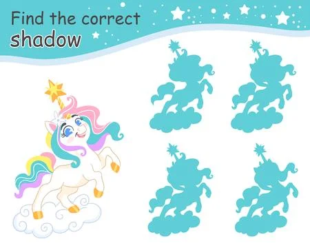 Find correct shadow magic happy unicorn turquoise shadows vector Illustrazione stock