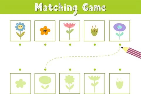 Find the correct shadow. Matching game with cute flowers. Funny activity page Stock Illustration