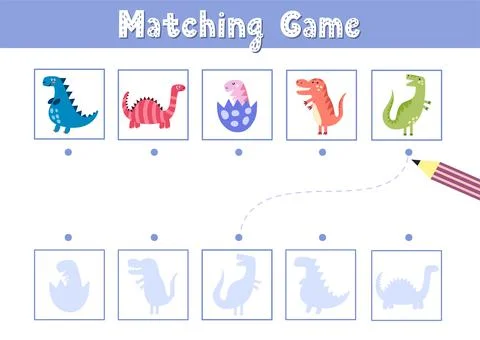 Find the correct shadow matching game with cute dinosaurs. Funny activity page Stock Illustration