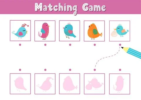 Find the correct shadow matching game with cute birds. Funny activity page for Stock Illustration