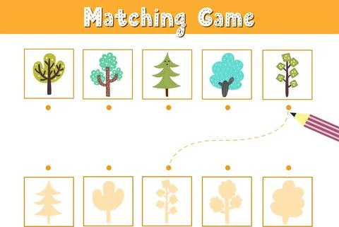 Find the correct shadow. Matching game with cute trees. Funny activity page for Stock Illustration